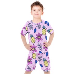 Flowers Petals Pineapples Fruit Kids  T-shirt And Shorts Set by Paksenen