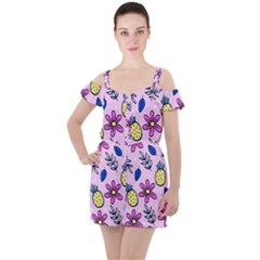 Flowers Petals Pineapples Fruit Ruffle Cut Out Chiffon Playsuit by Paksenen