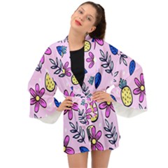 Flowers Petals Pineapples Fruit Long Sleeve Kimono by Paksenen