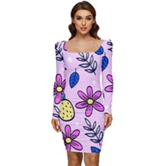 Flowers Petals Pineapples Fruit Women Long Sleeve Ruched Stretch Jersey Dress by Paksenen