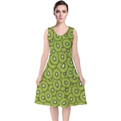 Kiwi Fruit Pattern Green Background V-neck Midi Sleeveless Dress  by Paksenen