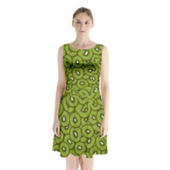 Kiwi Fruit Pattern Green Background Sleeveless Waist Tie Chiffon Dress by Paksenen