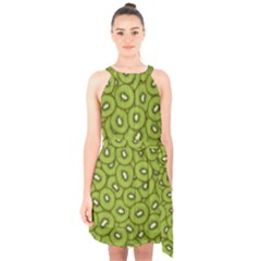 Kiwi Fruit Pattern Green Background Halter Collar Waist Tie Chiffon Dress by Paksenen