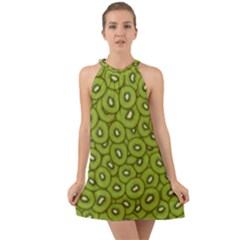 Kiwi Fruit Pattern Green Background Halter Tie Back Chiffon Dress by Paksenen