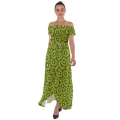 Kiwi Fruit Pattern Green Background Off Shoulder Open Front Chiffon Dress by Paksenen