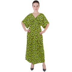 Kiwi Fruit Pattern Green Background V-neck Boho Style Maxi Dress by Paksenen