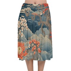 Seamless Pattern Chinoiserie Flowers Velvet Flared Midi Skirt by Paksenen