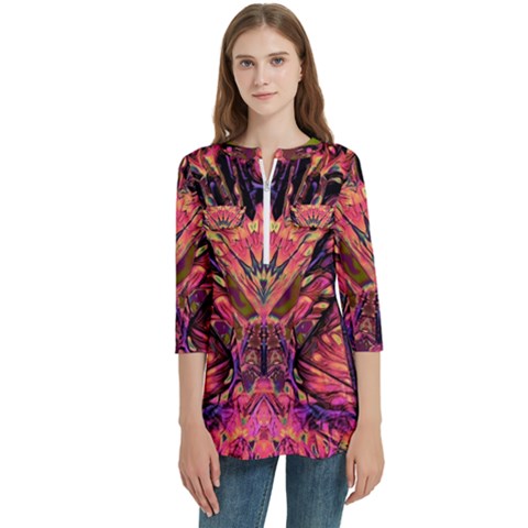 Trippy Garland Women s Zip Front V-neck 3/4 Sleeve Casual Top Pocket Shirt by MRNStudios