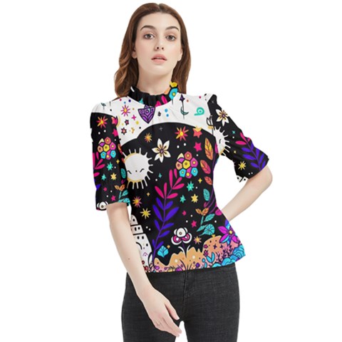 Rainbow Fun Cute Minimal Doodle Frill Neck Blouse by Bedest