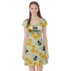 Bees Pattern Honey Bee Bug Honeycomb Honey Beehive Short Sleeve Skater Dress by Bedest