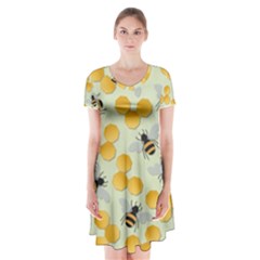 Bees Pattern Honey Bee Bug Honeycomb Honey Beehive Short Sleeve V-neck Flare Dress by Bedest