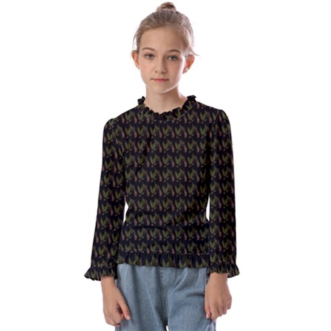 Fern Pattern 2 Black Kids  Frill Detail T-shirt by snowwhitegirl