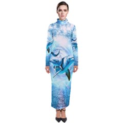 Dolphin Blue Sea Fantasy Turtleneck Maxi Dress by Maspions