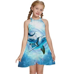 Dolphin Blue Sea Fantasy Kids  Halter Collar Waist Tie Chiffon Dress by Maspions