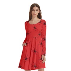 Spiders Pattern Seamless Arachnids Long Sleeve Knee Length Skater Dress With Pockets by Maspions