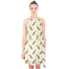 Dragonfy Insect Pattern Halter Collar Waist Tie Chiffon Dress by Maspions