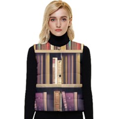 Books Bookshelves Office Fantasy Background Artwork Book Cover Apothecary Book Nook Literature Libra Women s Button Up Puffer Vest by Posterlux