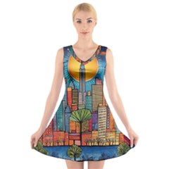 City New York Nyc Skyscraper Skyline Downtown Night Business Urban Travel Landmark Building Architec V-neck Sleeveless Dress by Posterlux