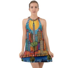 City New York Nyc Skyscraper Skyline Downtown Night Business Urban Travel Landmark Building Architec Halter Tie Back Chiffon Dress by Posterlux