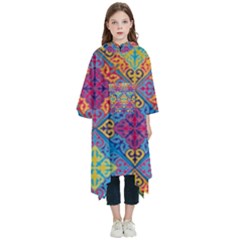 Colorful Flora Flora Kazakh Pattern Kids  Hooded Rain Ponchos by Cemarart