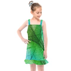 3d Leaves Texture Sheet Blue Green Kids  Overall Dress by Cemarart