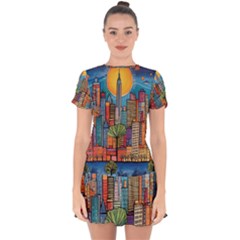 City New York Nyc Skyscraper Skyline Downtown Night Business Urban Travel Landmark Building Architec Drop Hem Mini Chiffon Dress by Posterlux