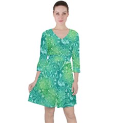 Retro Flower Pattern Design Batik Quarter Sleeve Ruffle Waist Dress by Posterlux