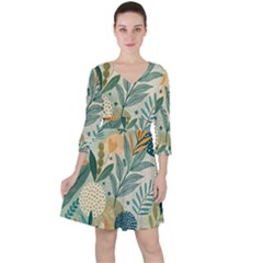 Leaves Pattern Flora Nature Quarter Sleeve Ruffle Waist Dress by Posterlux