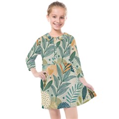 Leaves Pattern Flora Nature Kids  Quarter Sleeve Shirt Dress by Posterlux