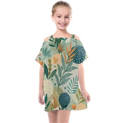 Leaves Pattern Flora Nature Kids  One Piece Chiffon Dress by Posterlux