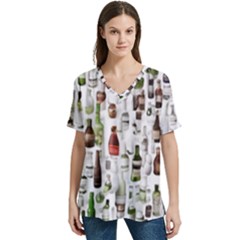 Bottle Chic Print Patterns V-neck Split Shoulder Casual T-shirt by BellaVistaTshirt02