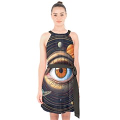 Eye Of The Universe (ai) Halter Collar Waist Tie Chiffon Dress by dflcprintsclothing