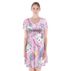 Beautiful Cute Animals Pattern Pink Short Sleeve V-neck Flare Dress by Grandong