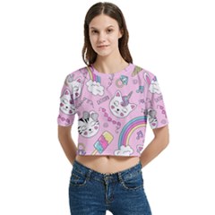 Beautiful Cute Animals Pattern Pink Women s Round Neck Short Sleeve Crop Top by Grandong