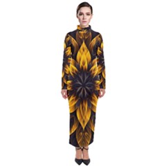 Yellow Flower Pattern Leaves Turtleneck Maxi Dress by Maspions