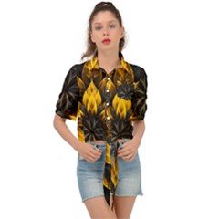 Yellow Flower Pattern Leaves Tie Front Shirt  by Maspions