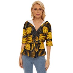 Yellow Flower Pattern Leaves Lightweight Drawstring Hooded Top by Maspions