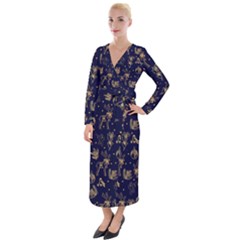 Christmas Pattern Gold December  Happy Holidays Merry Christmas Winter Family Festive Gold New Year Velvet Maxi Wrap Dress by Maspions