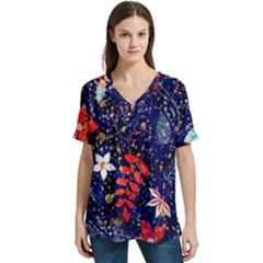 Festive Floral Pattern Christmas Blue Floral Flower Foliage Leaves Pattern Red Snow Winter V-neck Split Shoulder Casual T-shirt by Maspions