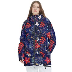 Festive Floral Pattern Christmas Blue Floral Flower Foliage Leaves Pattern Red Snow Winter Women s Multi Pockets Zip Ski And Snowboard Waterproof Breathable Jacket by Maspions