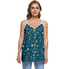 Star Golden Pattern Christmas Design White Gold Casual Spaghetti Strap Chiffon Top by Apen