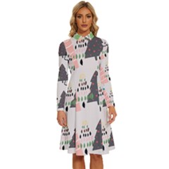 Christmas Trees Icons Long Sleeve Shirt Collar A-line Dress by Apen