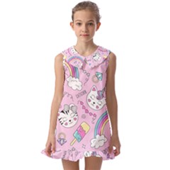 Beautiful Cute Animals Pattern Pink Kids  Pilgrim Collar Ruffle Hem Dress by Grandong