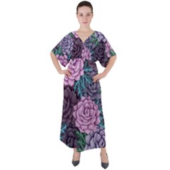 Purple Rose Retro Floral Flower V-neck Boho Style Maxi Dress by Bedest