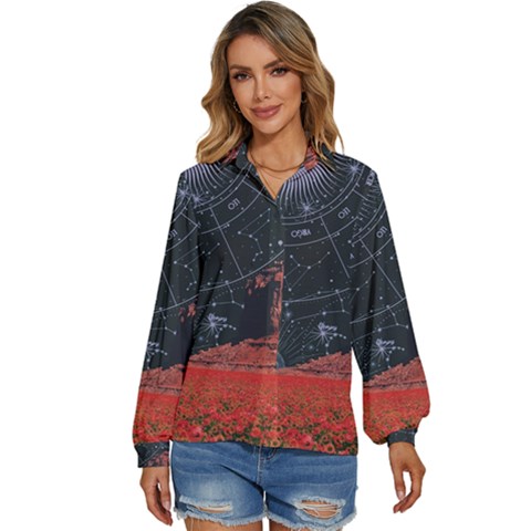 Astrology Surreal Surrealism Trippy Visual Art Women s Long Sleeve Button Up Shirt by Bedest