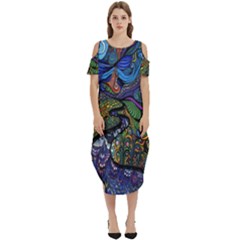 Psychedelic Digital Art Artwork Landscape Colorful Cold Shoulder Loose Fit Dress With Pockets by Bedest