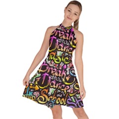 Graffiti Word Seamless Pattern Sleeveless Halter Neck A-line Dress by Bedest