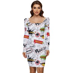 Pattern Seamless Texture Cartoon Women Long Sleeve Ruched Stretch Jersey Dress by Bedest