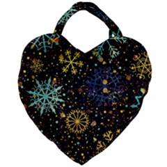 Gold Teal Snowflakes Gold Abstract Christmas Giant Heart Shaped Tote by Bedest