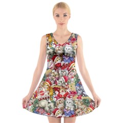 Pattern Kitten Christmas V-neck Sleeveless Dress by Bedest